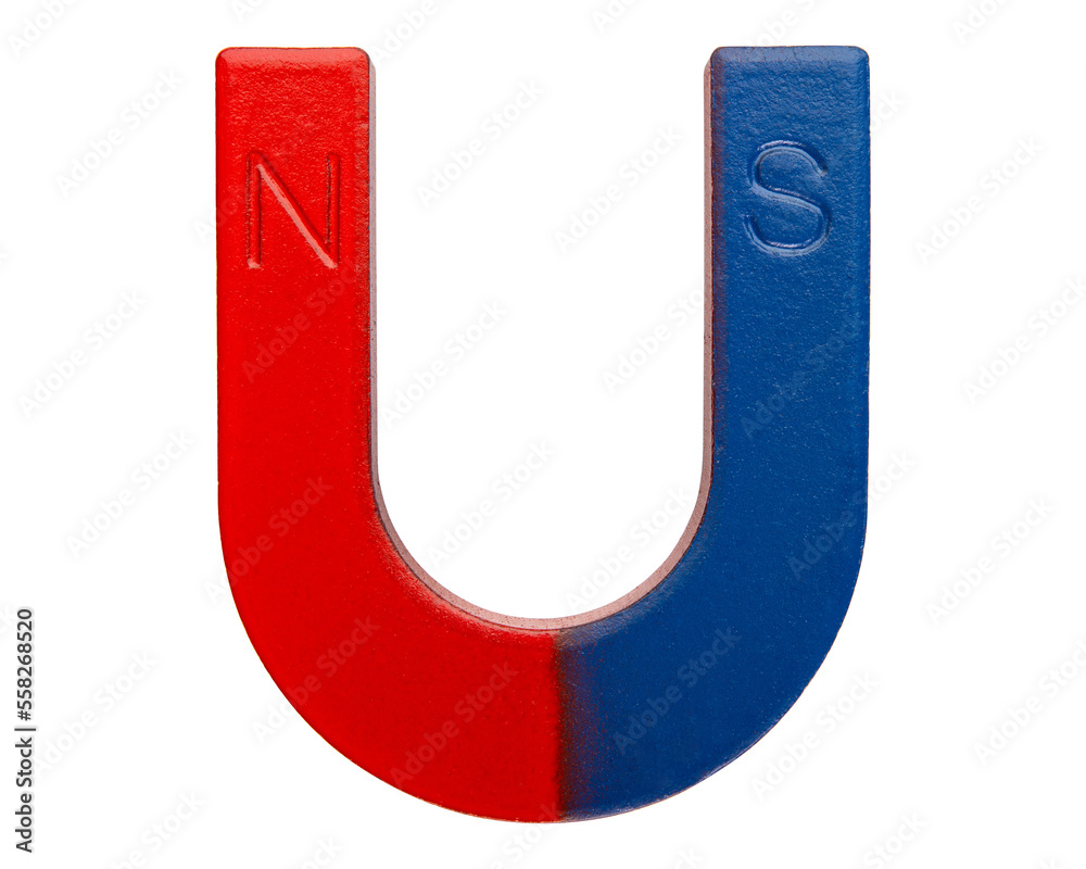 Magnet. Magnet horseshoe. Physics science kids magnet for education, experiment, school and home. Magnet with N north, S south pole. Red and Blue color. Macro high resolution on white background. Magnet. Magnet horseshoe. Physics science kids magnet for education, experiment, school and home. Magnet with N north, S south pole. Red and Blue color. Macro high resolution on white background.