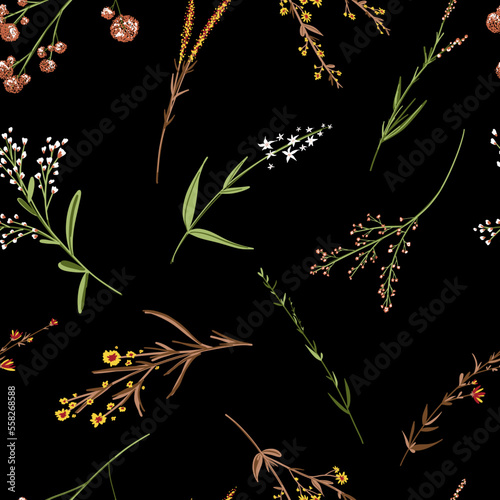 Floral seamless pattern. Trendy blossom colorful vector texture. Blooming botanical motifs scattered random. Fashion, ditsy print. Hand drawn different color wild meadow flowers on black background