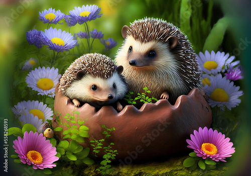 Two cute hedgehogs in a plant pot AI generative	
