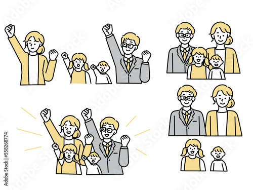 家族のイラスト(疑問、解決、知る、学ぶ、子供、教育) Illustration of family.Questions, solutions, knowledge, learning, children, education.