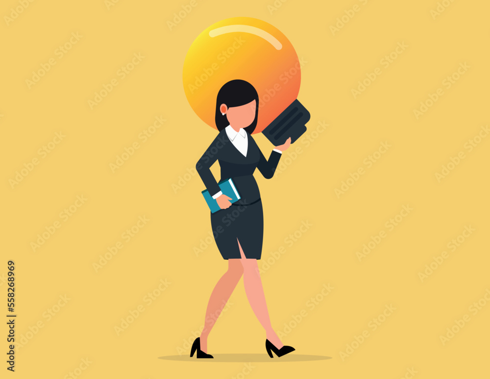 Business innovative solution. Businesswoman carrying light bulb. Business innovative solution. Businesswoman carrying light bulb.
