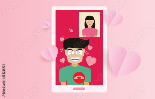 Young man making a video call through a mobile phone frame. Love greeting card concept for Valentine's Day. Couple and social media application communication. Decorated with paper cut hearts.