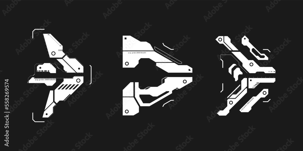 Set of cyberpunk arrows. Kit of futuristic interface cyber elements. Cyberpunk pointers, direction. Set of tech style arrows for design of game UI, poster. Technology aesthetics. Vector illustration