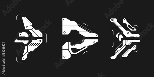 Obraz na płótnie Set of cyberpunk arrows. Kit of futuristic interface cyber elements. Cyberpunk pointers, direction. Set of tech style arrows for design of game UI, poster. Technology aesthetics. Vector illustration w salonie