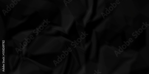 Dark Black facbric paper backdrop crumpled texture. dark black textured crumpled black paper background. panorama black paper texture background, crumpled pattern.
