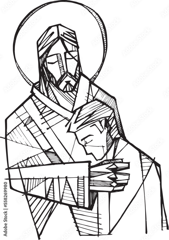 Hand drawn illustration of Christ and young man.