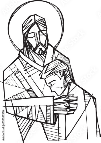 Hand drawn illustration of Christ and young man.
