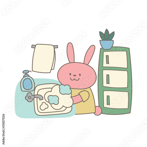 手を洗うかわいいウサギのイラスト素材