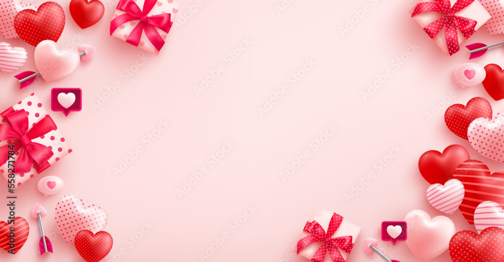 Valentine's Day Sale Poster with cute heart and Valentines day gift box on pink background.Promotion and shopping template for love and Valentine's day concept.