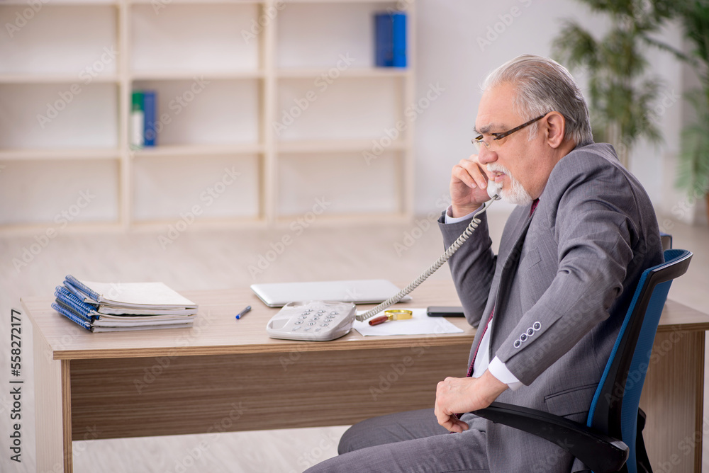 Old male employee working in the office Old male employee working in the office