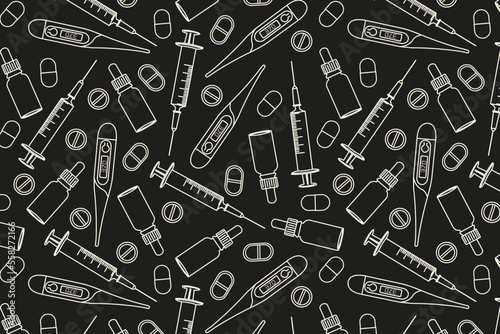doodle pattern with medical devices, pills, a background for a medical company, a poster, a jar for a pharmacy with a syringe, a thermometer, a bottle, pills on a black background