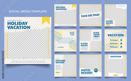 social media template banner travel and vacation service promotion. fully editable instagram and facebook square post frame puzzle organic sale poster photo
