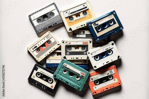 A pile of retro cassette tapes with white background - Generative A