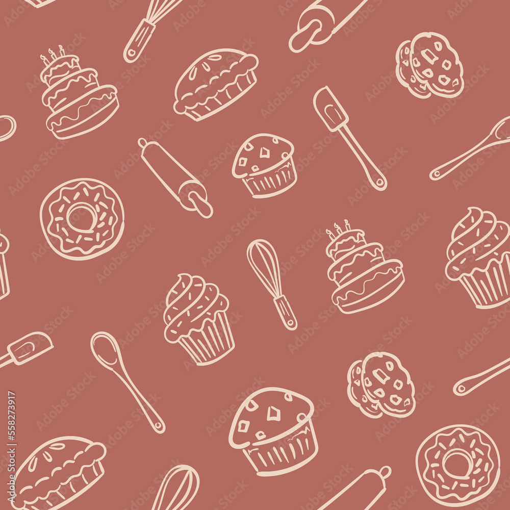 Baked goods bakery pattern background repeatable. Bakery pattern with cakes, muffins, cupcakes, pies, donuts, cookie, whisk, spatula, rolling pin.