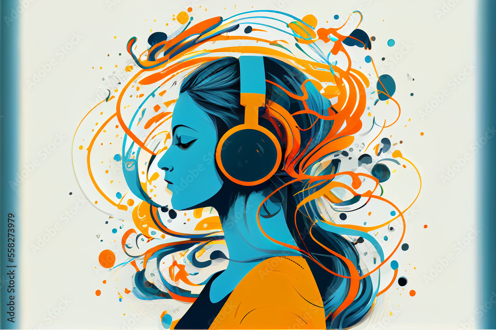 Fototapeta premium Vector Design of Woman with long Hair Listening to Music in Her Headphones. Generative ai