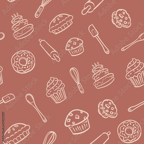 Baked goods bakery pattern background repeatable. Bakery pattern with cakes, muffins, cupcakes, pies, donuts, cookie, whisk, spatula, rolling pin.