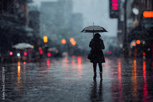 sad lonely girl in a black coat is walking around the city in the rain with a black umbrella, depression, generative AI