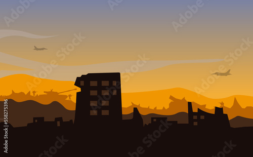City destroyed by war vector illustration, soldier background, soldier silhouette, Artillery, Cavalry, Tank, Warplane.