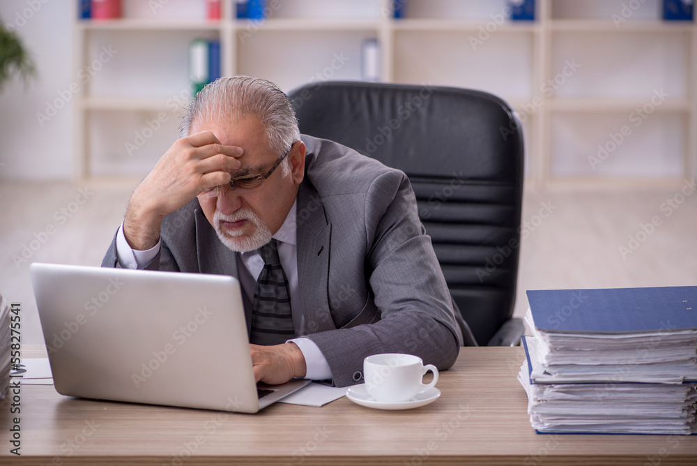 Old male employee working in the office Old male employee working in the office