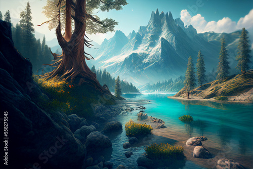 Old trees grow next to the blue river flowing towards the majestic hills. Amazing beautiful nature illustration. Generative AI. © UIMEGA