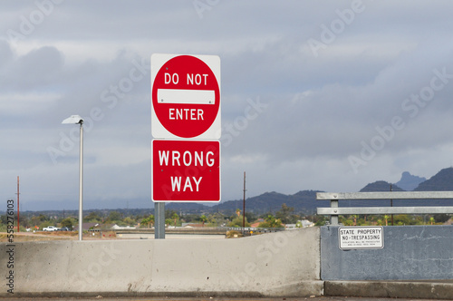 Do Not Enter Wrong Way traffic sign by interstate freeway ramp