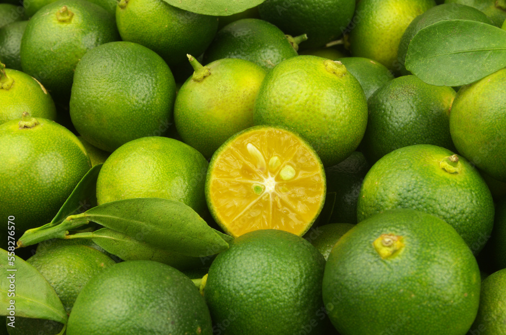 Many fresh green limes close up Many fresh green limes close up