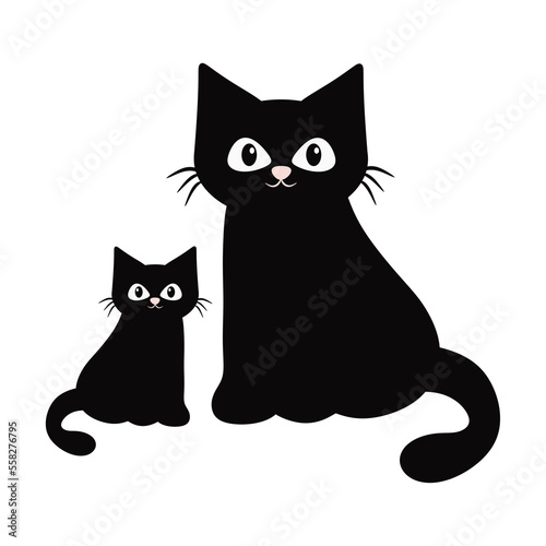 Two Black Cats Illustration. Mother and Baby Feline