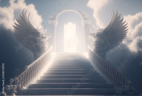Obraz na płótnie stairway to heaven, staircase in the clouds leads to the gates of Heaven, generative ai