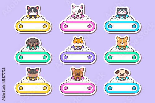 Cute baby dog animals cartoon label name sticker hand drawn style with frame rainbow