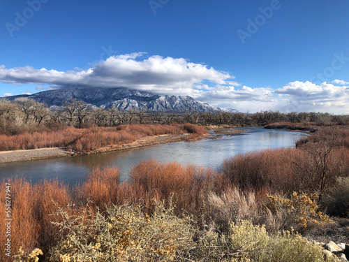 Rio Grande in the Winter with a view of the Sandia Mountain photo