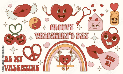 Groovy hippie love stikers set.Retro elements. Retro 60s 70s cartoon style.