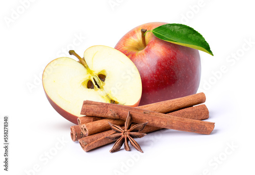Foto Red apple with cinnamon stick isolated on white background.