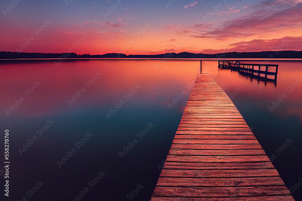 Fototapeta premium colorfull wooden pier on a lake that is totally calm during sunset
