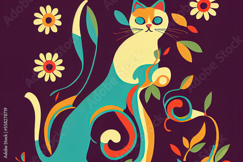 bohemian cat  naive style vector art  colorful background