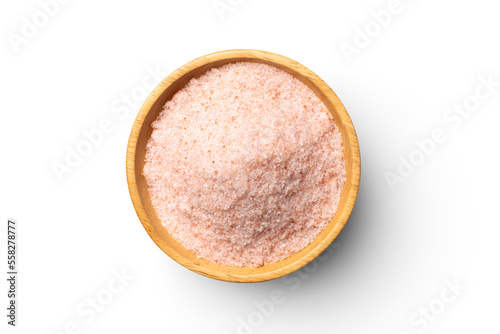 Pink himalayan salt in wooden bowl isolated on white background