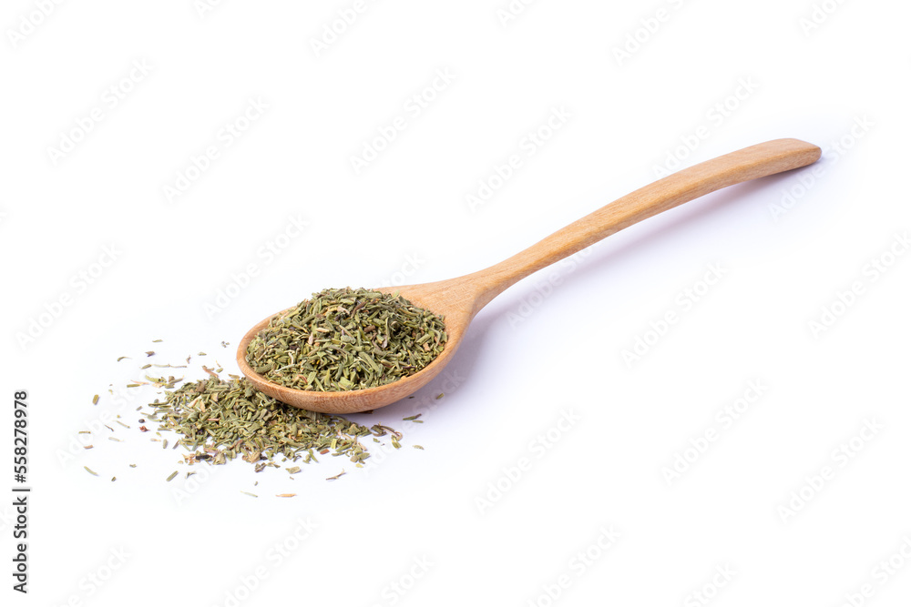 Dry Thyme leaf in wooden spoon isolated on white background Dry Thyme leaf in wooden spoon isolated on white background