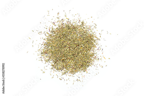 Pile of dried herbs isolated on white background, top view, flat lay.