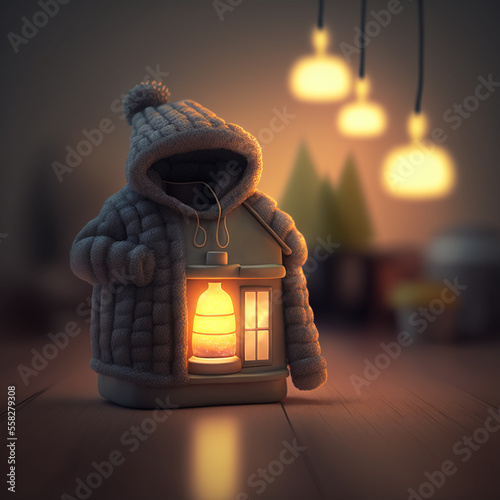 Figure of house and warm clothes on table, Concept of heating season