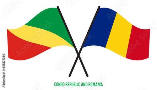 Congo Republic and Romania Flags Crossed And Waving Flat Style. Official Proportion. Correct Colors.