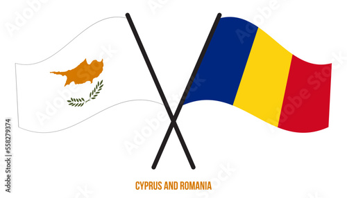 Cyprus and Romania Flags Crossed And Waving Flat Style. Official Proportion. Correct Colors.