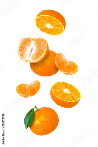 Tangerine or clementine orange fruit with green leaf and sliced levitate in the air isolated on white background. 