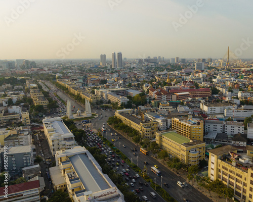 An aerial view of the Democracy Monument in Ratchadamnoen Avenue, The most famous tourist attraction in Bangkok, Thailand. photo
