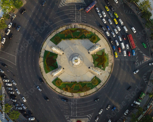 An aerial view of the Democracy Monument in Ratchadamnoen Avenue, The most famous tourist attraction in Bangkok, Thailand. photo