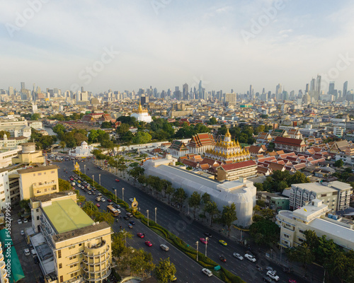 An aerial view of the Metal Castle or Loha Prasat in Ratchanatdaram Temple, The most famous tourist attraction in Bangkok, Thailand.