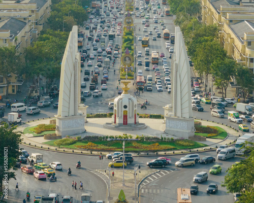 An aerial view of the Democracy Monument in Ratchadamnoen Avenue, The most famous tourist attraction in Bangkok, Thailand. photo