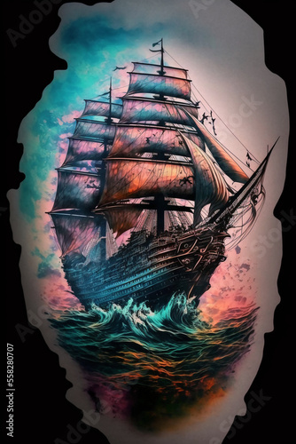 Ship tattoo. Drawing of a traditional or old ship for tattooing, design and others. Generative AI.