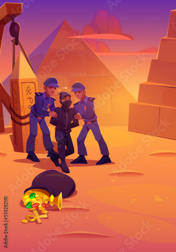 Police arrest trapped tomb robber with sack full of treasures in Egyptian desert. Cartoon vector illustration of cops catching male criminal on black clothes, desert landscape with ancient pyramids