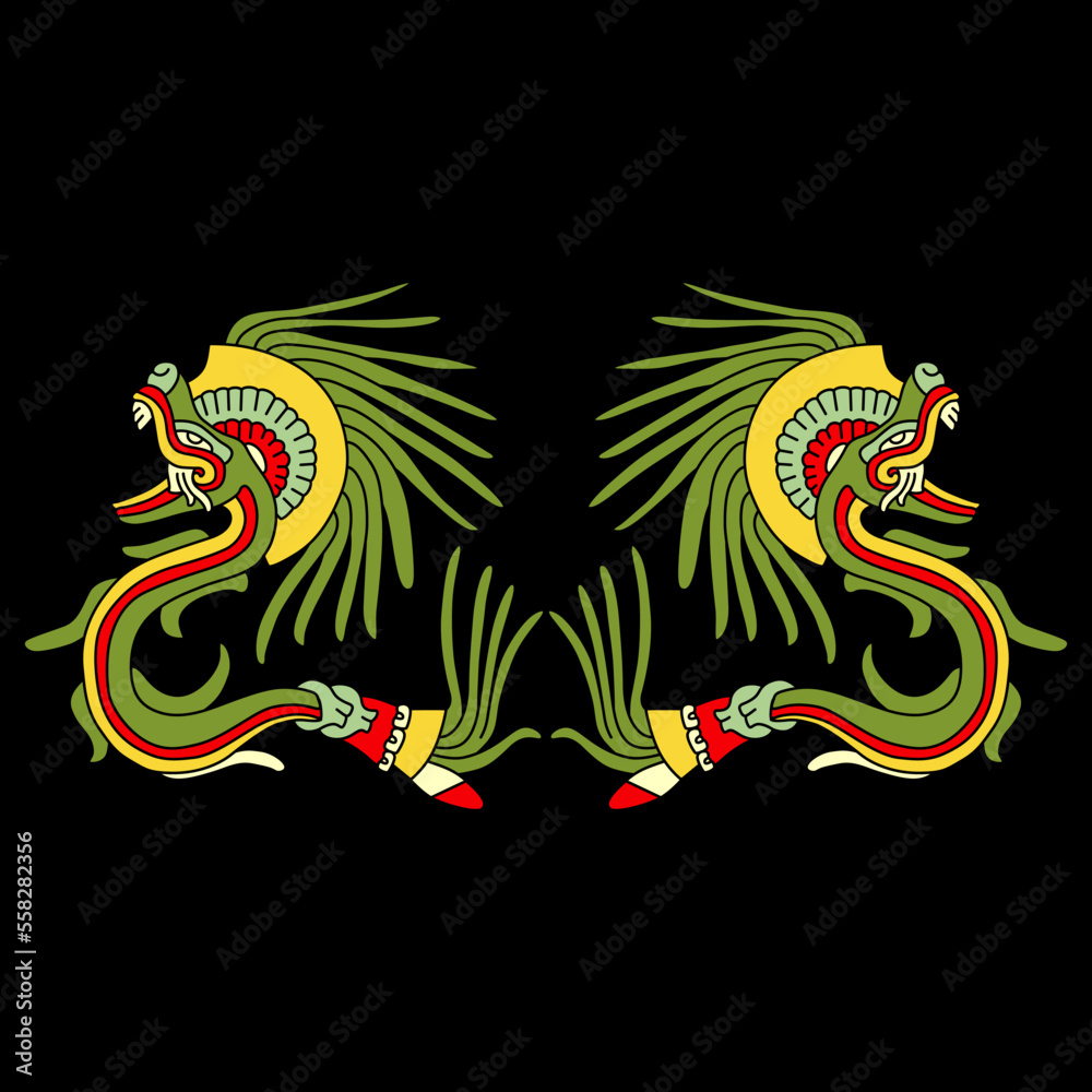 Symmetrical design with two fantastic animals. Quetzalcoatl Feathered ...