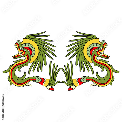 Symmetrical design with two fantastic animals. Quetzalcoatl Feathered Serpent. Mexican codex. Ethnic Native American art. Mythology of Aztec Indians. Isolated vector illustration.