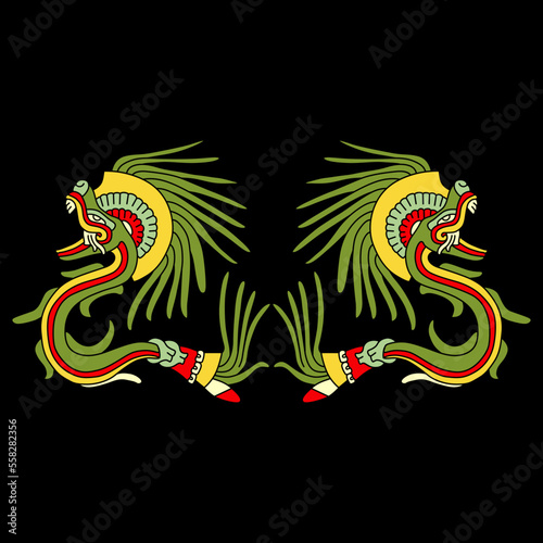 Symmetrical design with two fantastic animals. Quetzalcoatl Feathered Serpent. Mexican codex. Ethnic Native American art. Mythology of Aztec Indians. On black background.